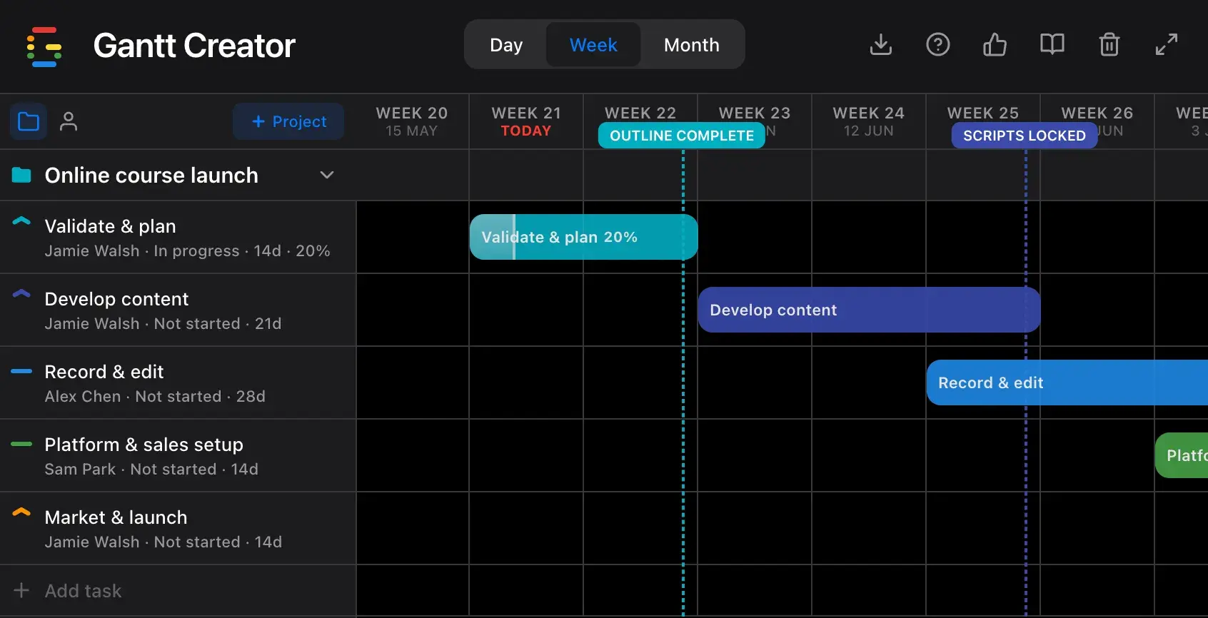 Online course Gantt chart in Gantt Creator